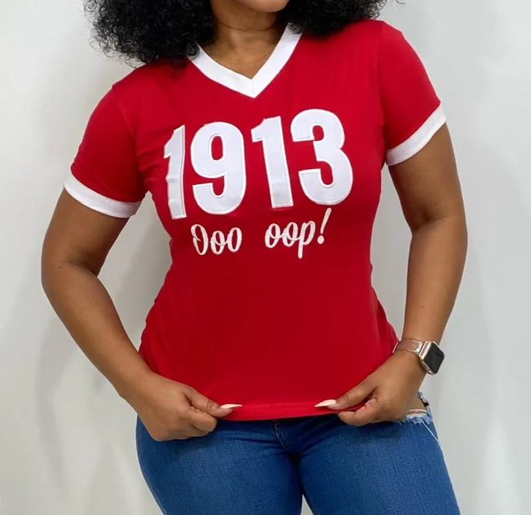 high  quality cotton DST 1913  greek  Lettered V-neck ringer T-shirt sorority  delta t-shirts