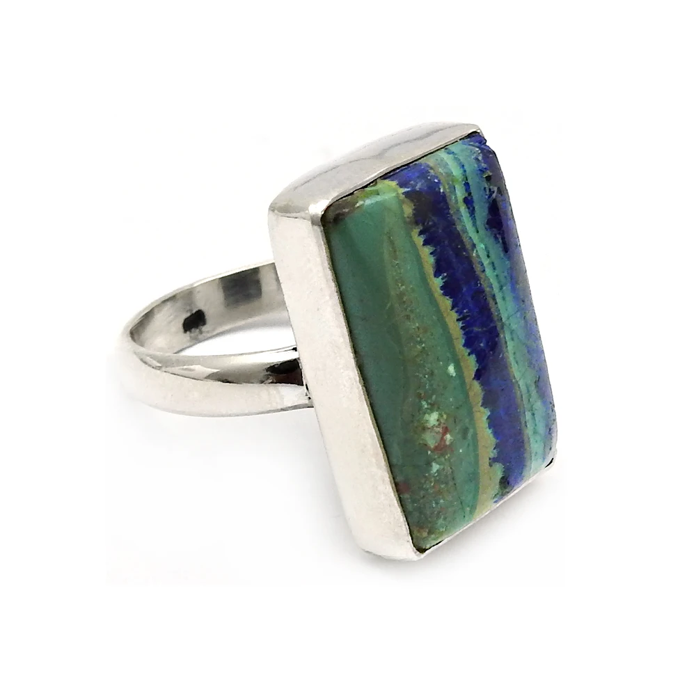 Wholesale Price Spiritual Natural Healing Energy Gemstone Top Quality Azurite Malachite Rectangle Ring Handmade Jewelry Exporter