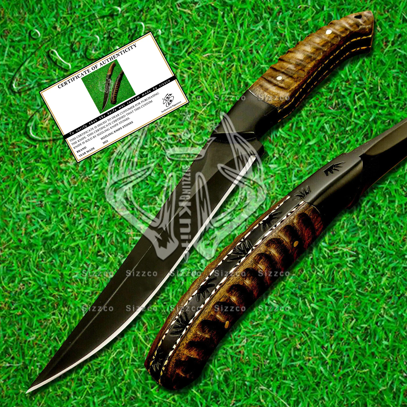 High Quality Custom Black Powder Coated D2 Steel Kitchen Fillet Knife Handle Burl Wood, Leather Sheath, Smooth Cutting