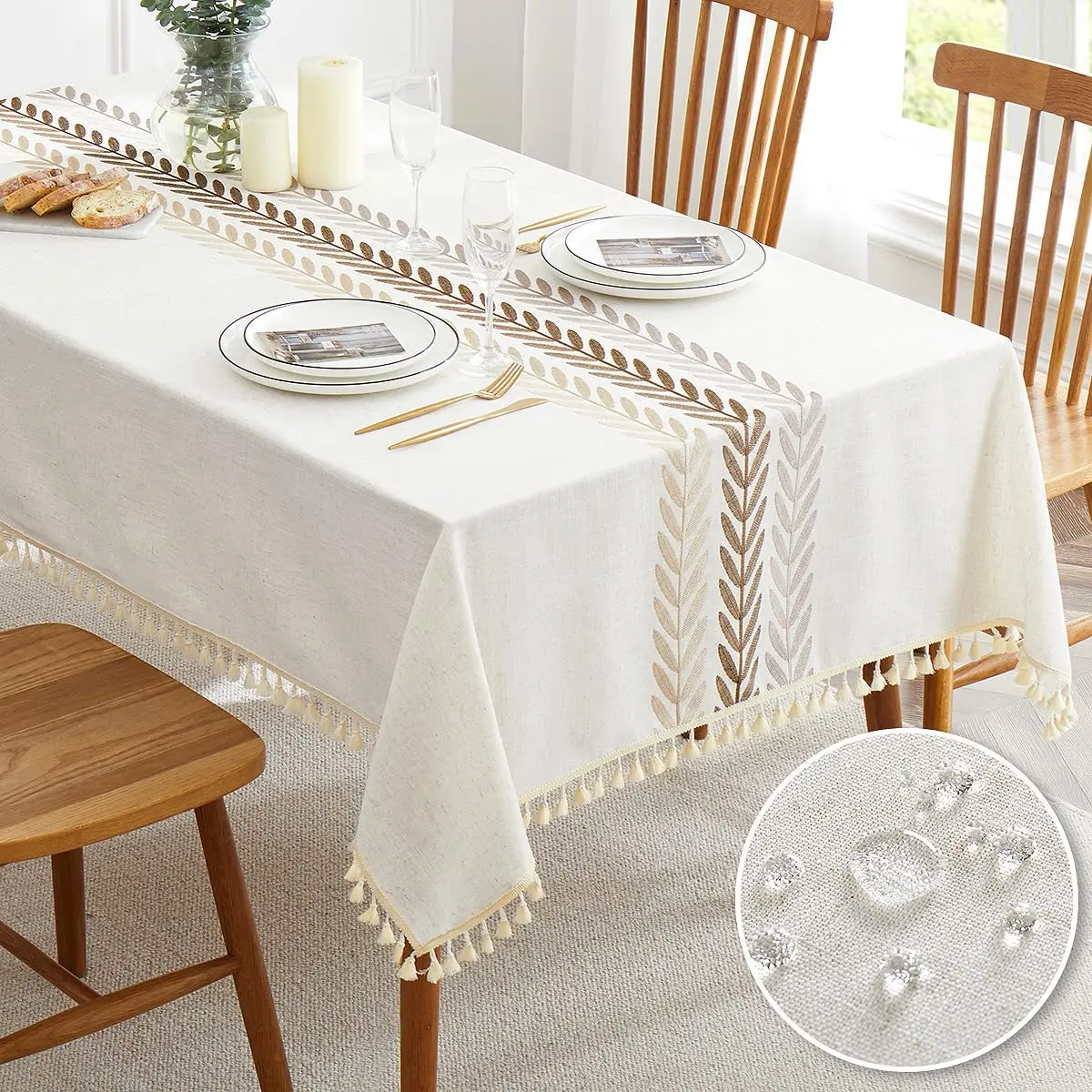 Embroidered Tablecloth for Dining Table,Dust Proof Spillproof Soil Resistant Cotton Linen Rectangle Table Cloths OEM