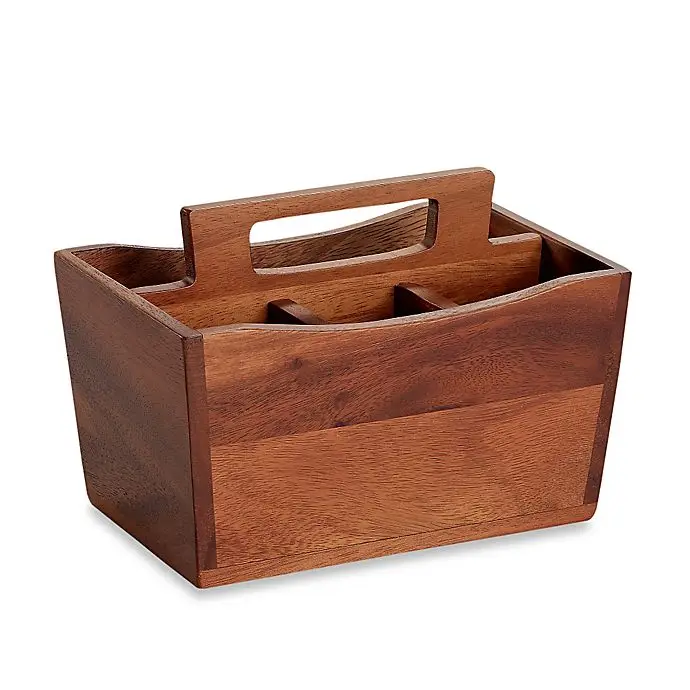 Premium Caddy Table Organiser Handmade Wooden Basket Shape Multipurpose Cutlery Holder 4 Compartments with carrying handle
