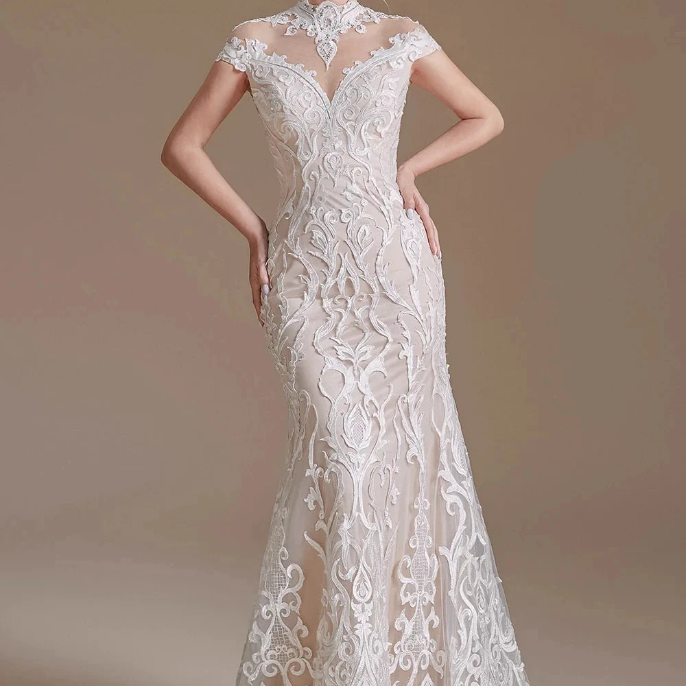 Elegant Mermaid White High Neck lace-up Back Bride Dress Decent Applique Wedding Dress Classic Formal Wedding Bridal Dress