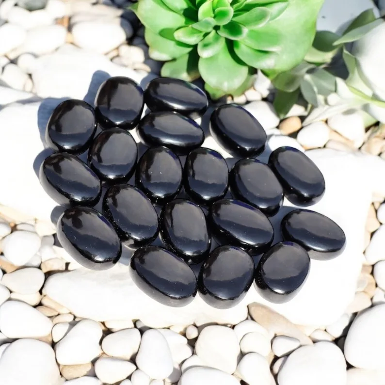 A++ Quality Black Obsidian Palm Stone Polished Crystal Agate for Healing Meditation and Feng Shui Carved in Chakra Style