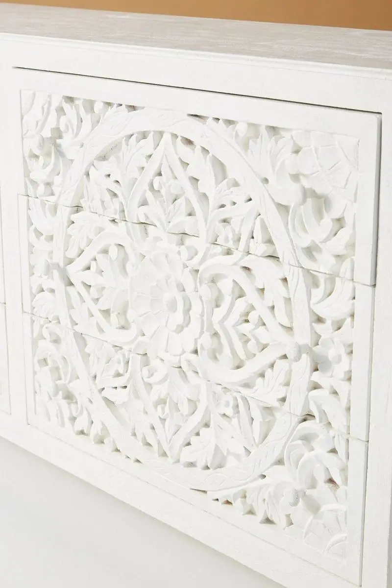 Hand Carved Lombok Six-Drawer Dresser in White Color | Handmade Wooden Dresser From Rajasthan, India