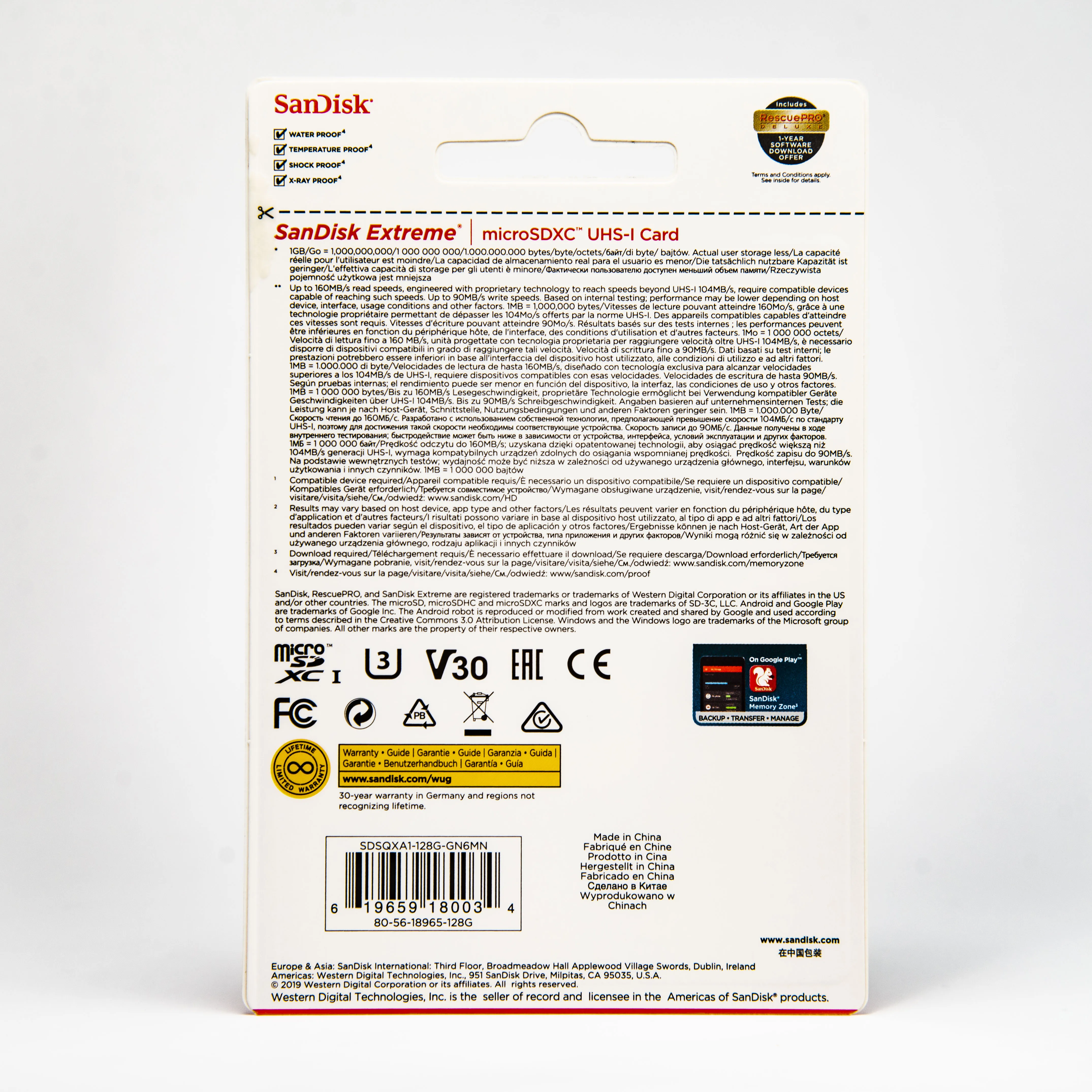 SDSQXA1-128G Micro Secure Digital Card For SDXC V30 128GB R160W90