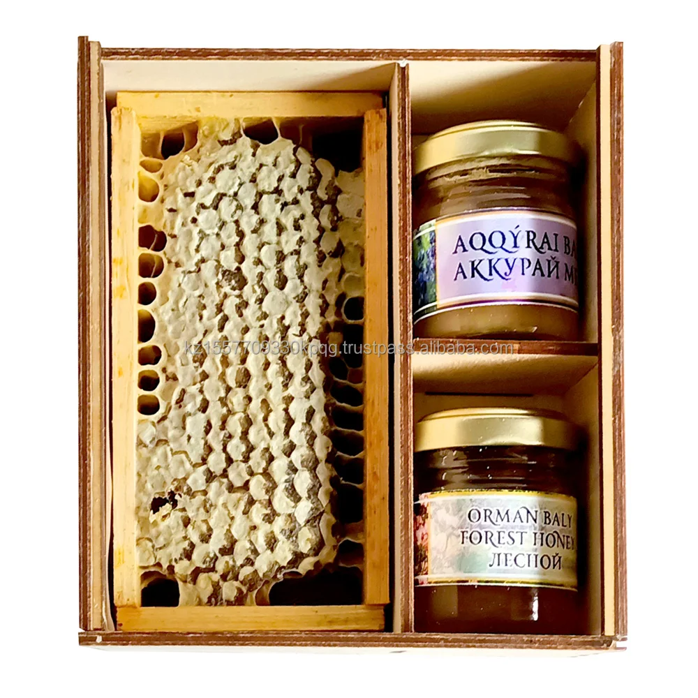 Wholesale All-purpose Honey set 1 highest quality from Kazakhstan factory Weight honeycomb 180-250 g jars 2x70 g