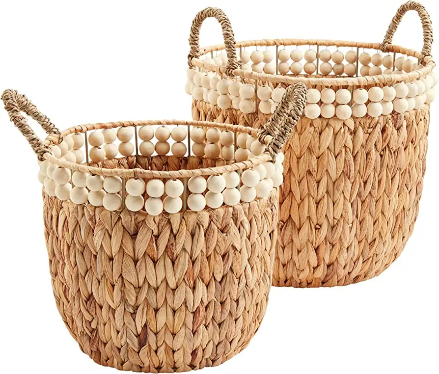 High Quality Water Hyacinth Beaded Storage Basket OEM Designs Customize Boho Storage Basket from HNH Craft Best Price