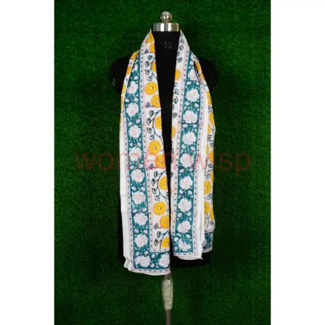 Indian Block Printed Scarf Cotton Pareo Turquoise Scarves Wholesale Woman Fashion Big Size Stole Handmade Beach Wear Sarong