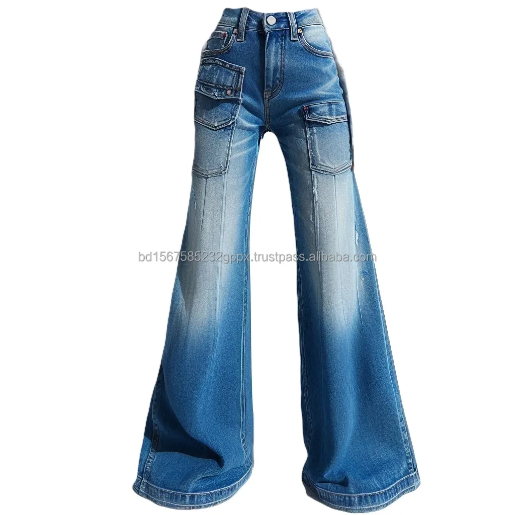 Ladies Casual Boot Cut Jeans Premium Denim Loose Fit in Blue/Indigo/Grey/Black OEM Logo,on Waist Made in Bangladesh Wholesale