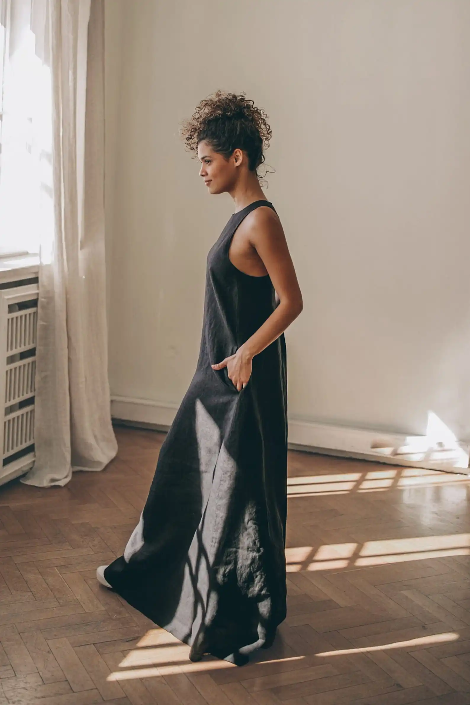 Black Linen Maxi Dress, Summer Boho Linen Dress for Women, Linen Kaftan Dress, Linen Sundress, Long Dress, Plus Size Clothing