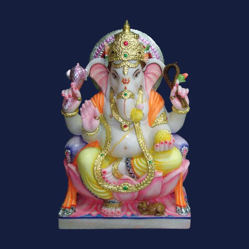 Indian Manufacturer Of White Marble Hand Painted God Ganesha Statue Handcrafted Painted Marble Ganpati Sitting On Lotus Statue