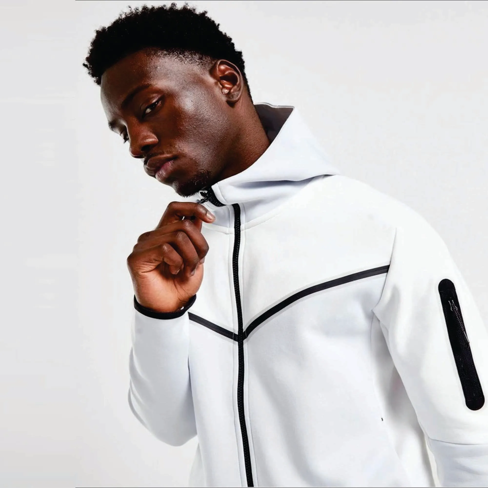 OEM Design 69% Cotton 31% Polyester White Men Tech Fleece Tracksuit Full Zip Hoodie Joggers Sweatpants Sweatsuit