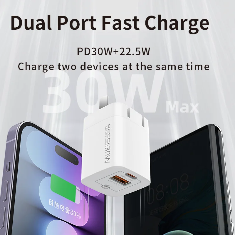 New PD 30W GaN Fast Charger Portable Mobile Phone Charger Classic Wall Charger with Two Ports