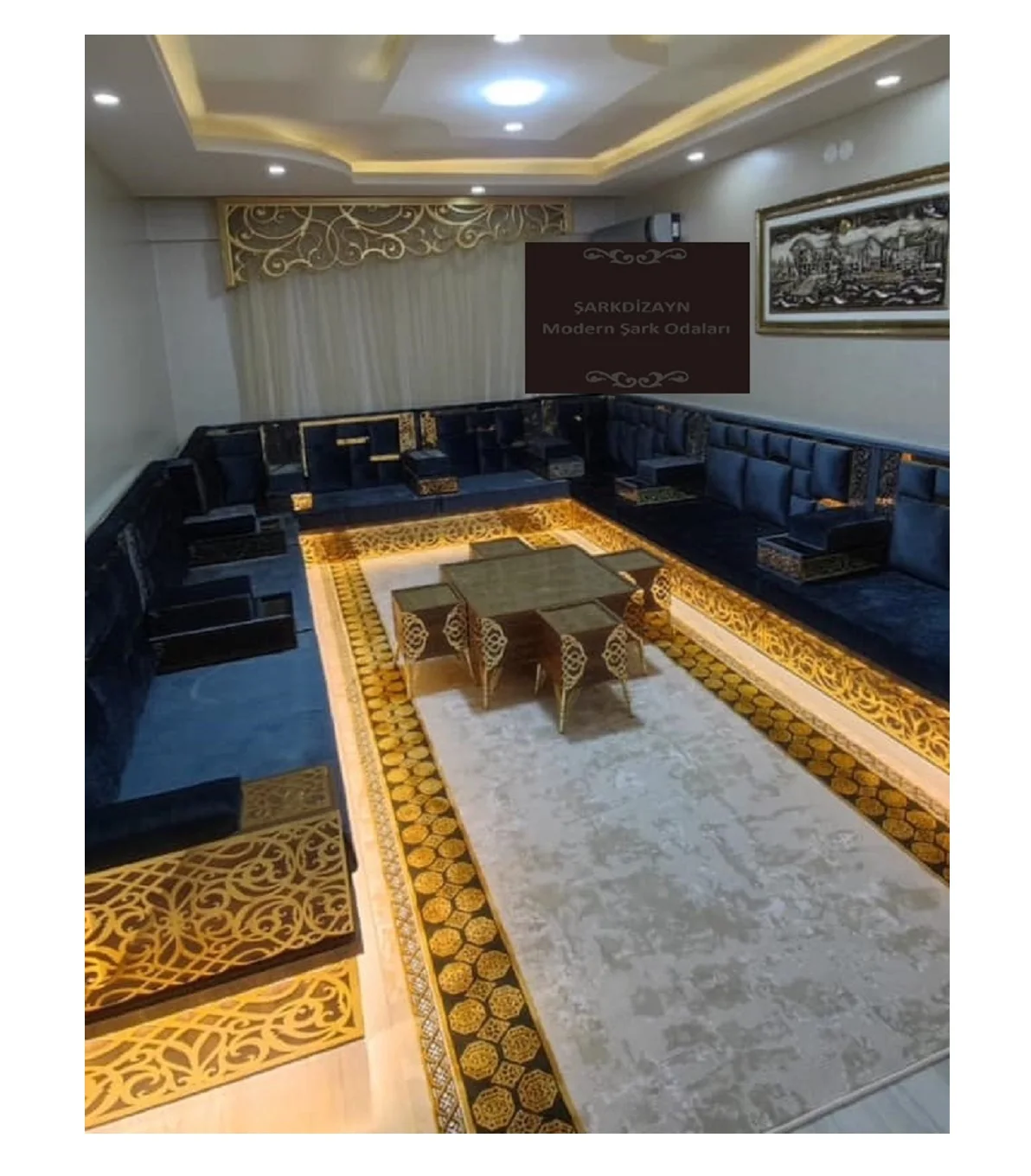Arabic Majlis   Moroccan Majlis Design  | Sitting Height 40cm  |  Sofa + Wool Carpet + Curtain + Table Set FULL