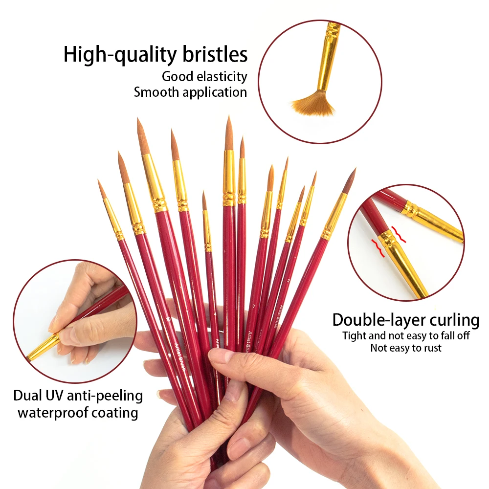 Pointed Round Painting Brush Set of 12 Artists Wooden Handled Brushes for Acrylic Oil Watercolor Painting