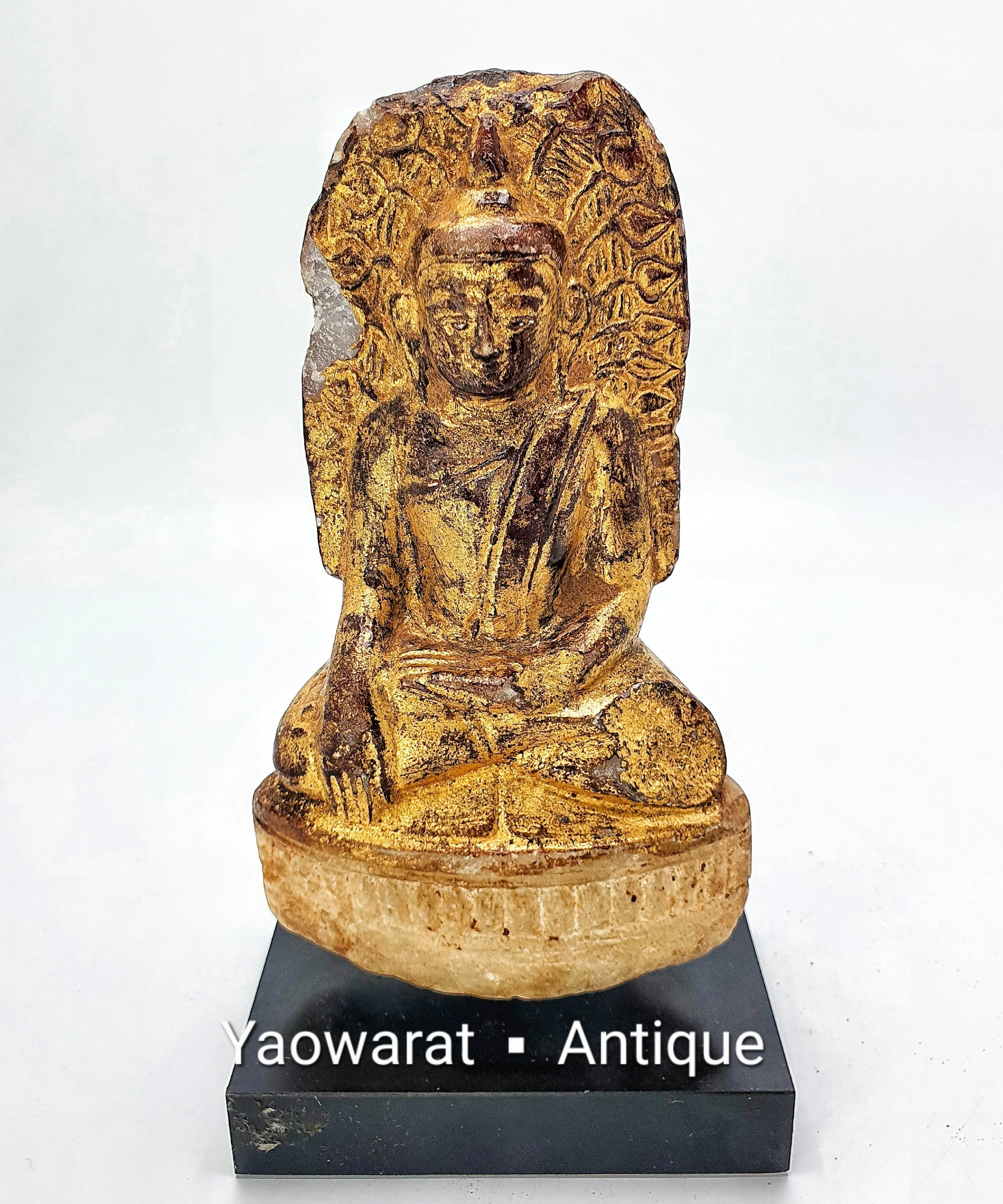Antique Stone Carved Buddha Statue for Worship Covered with Lacquer Gilded The Attitude of Subduing Mara Home Decor