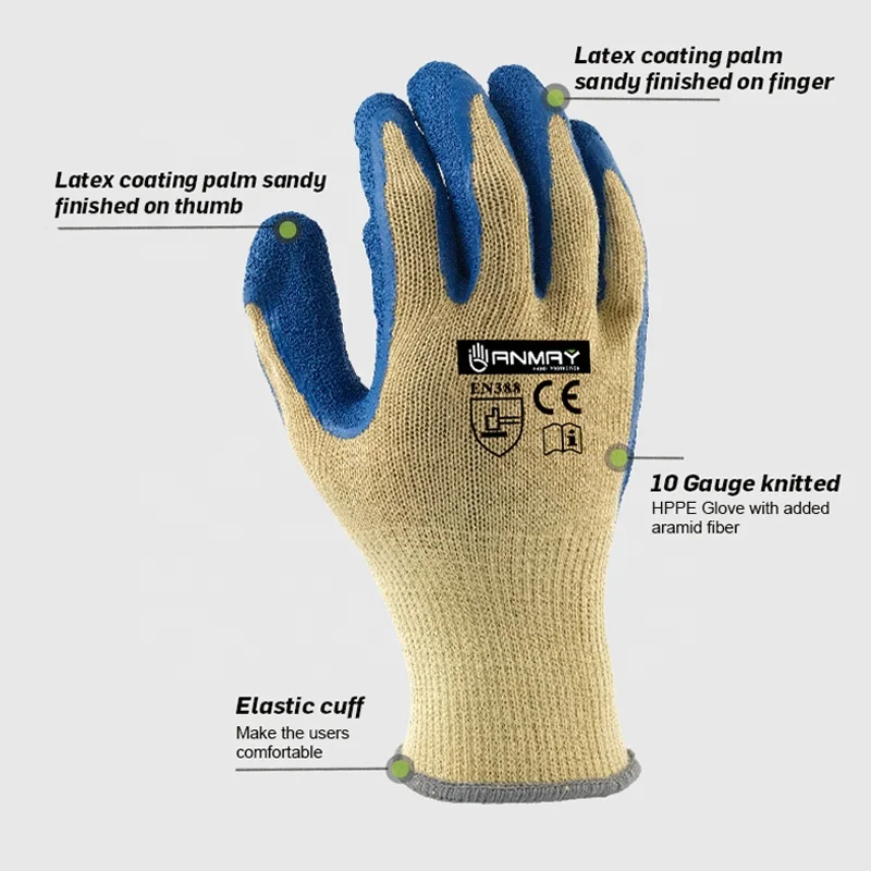 Heat Flame Resistant Burn Resistant Aramid 1414 Fiber ANSI A3 Anti Cut Level 5 Cut Resistant Blue Crinkle Latex Coated Gloves