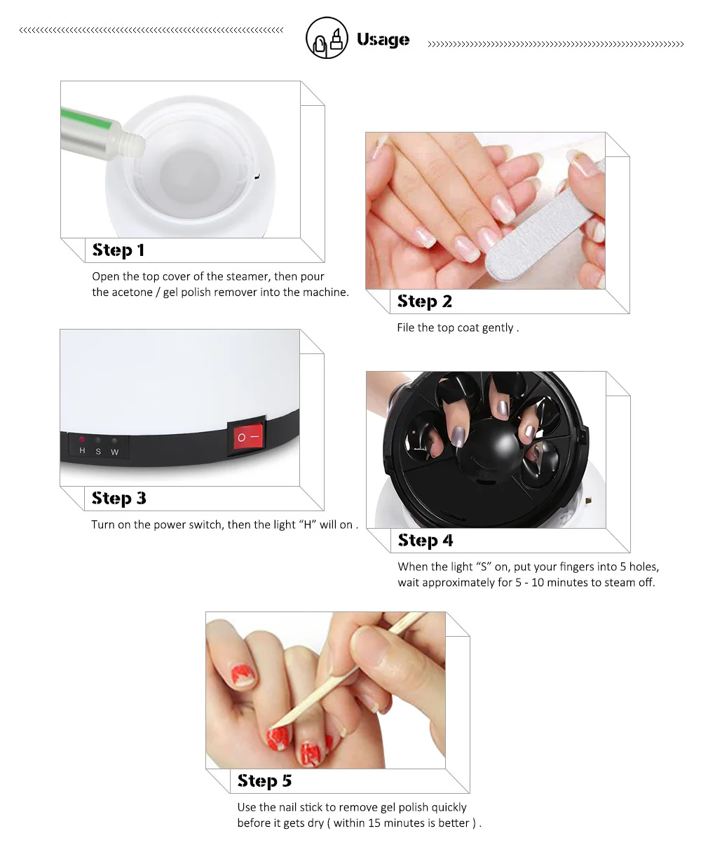 Newest Private Label Safe and Harmless Gel Remover Nail Steamer for 5 Nails Polish on Fingers Removed Easily