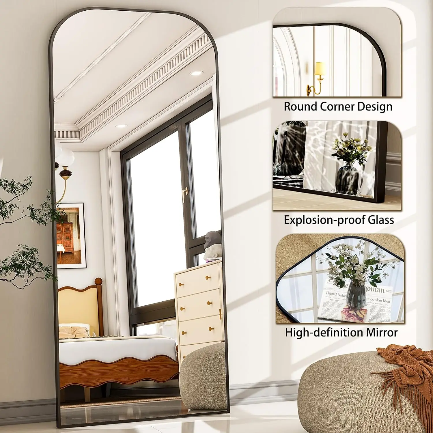 Black full body mirror with round aluminum frame hanging or tilted wall and floor mirror, with bracket, suitable for living room