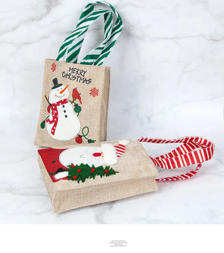 Christmas Burlap Gift Tote Bag Santa Presents Bags Small Christmas Snowman Shopping Gift Goody Jute Bags