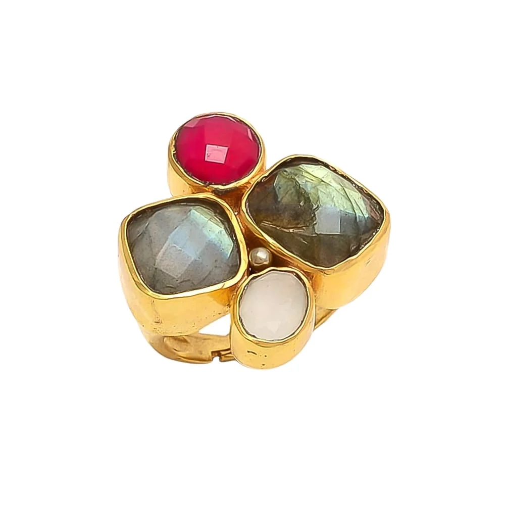 gold plated ring features four  stunning stones in different colors, creating a mesmerizing display of elegance and style
