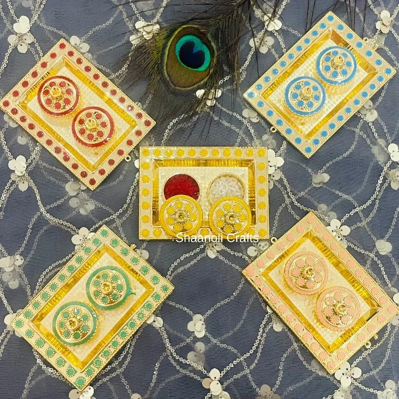 Indian Small Plate of Kumkum Chawal for Puja, Handcrafted Puja Thali Religious Wedding Favors Tray for Dewali Festival Season