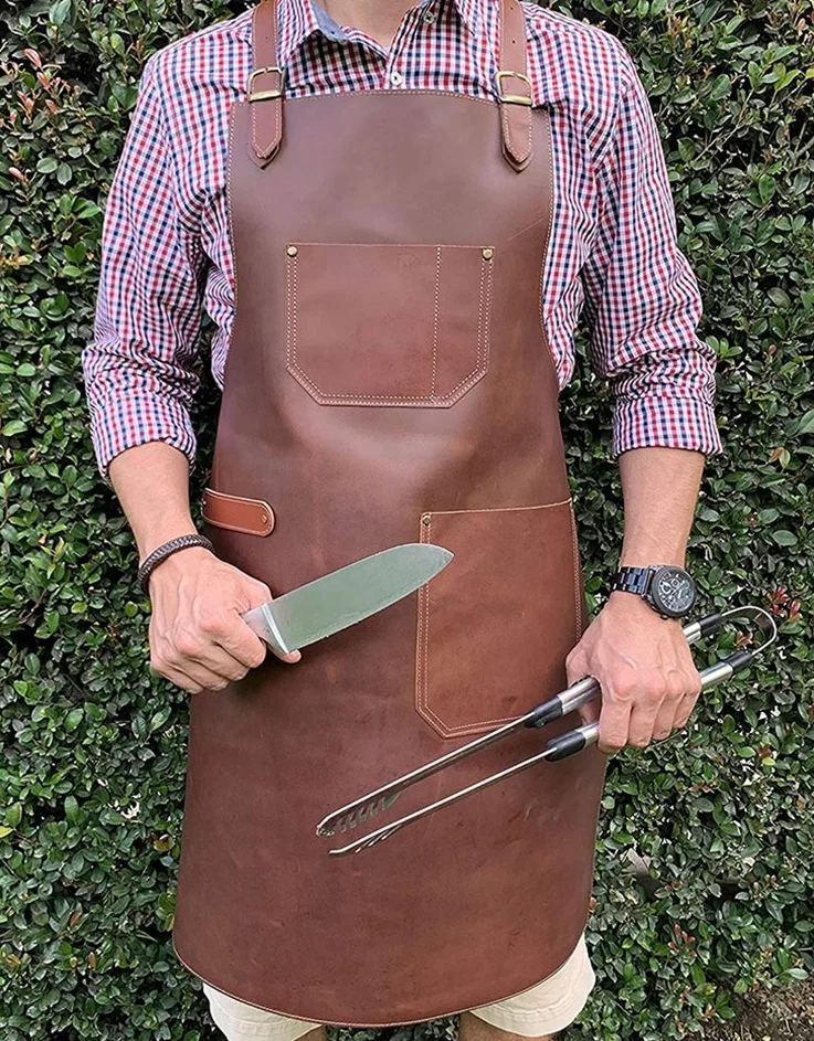 Factory Price Original Leather Barber Apron with Pocket Thick Adjustable Straps for Welding and Woodworking for BBQ Grill