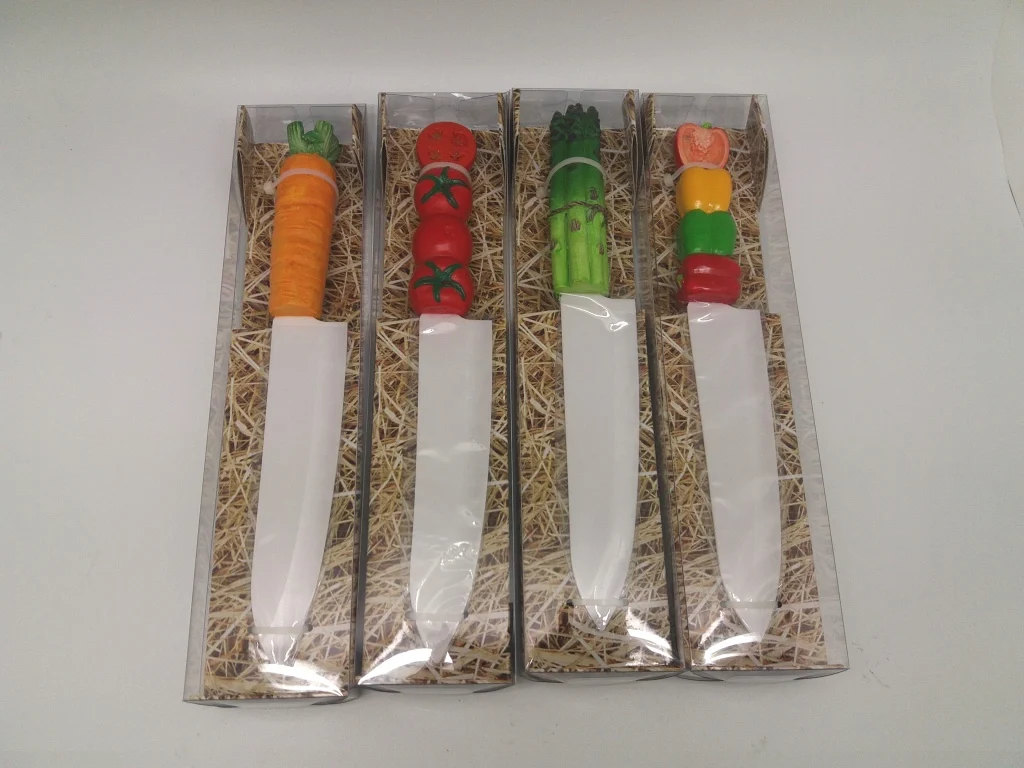 Funny ODM customized desig Ceramic kitchen knife with vegetable design polyresin handle handcraft hand paint resin handle