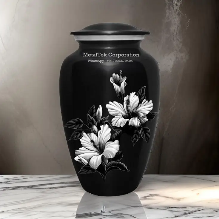 Hawaiian Hibiscus Flower Black & White Classic Floral Cremation Urn American Style Adult Funeral Burial Ashes Storage Metal Jars