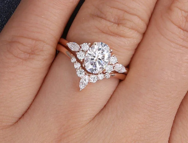 1 CT Oval Cut Rose Gold 925 Sterling Silver Moissanite Diamond Studded Bridal Promise Ring Set for Sale
