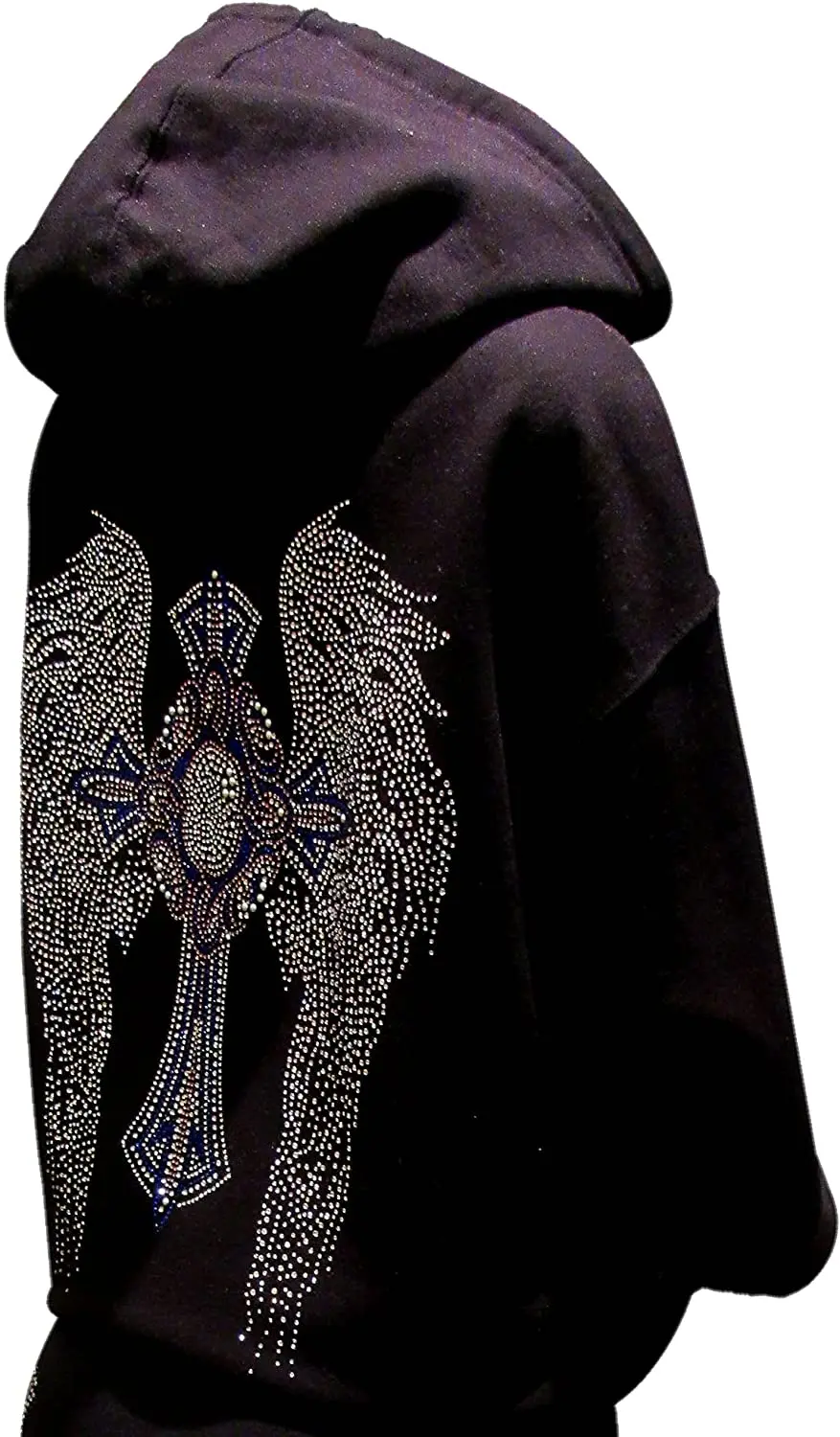 Multicolor Rhinestone Cross and Angel Wings Black Zipper Hoodie