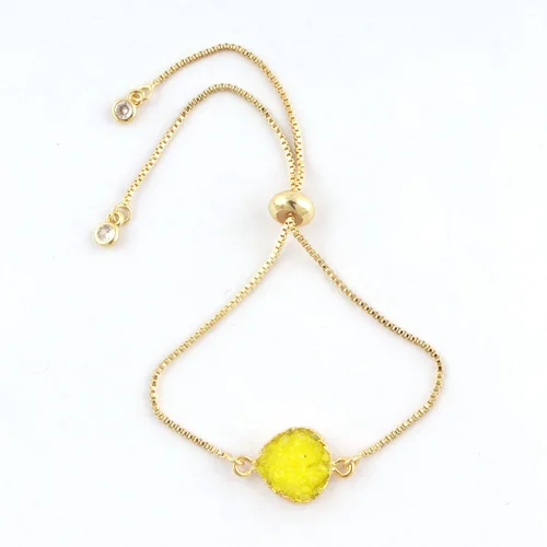 Romantic Heart Shape Lemon Sugar Druzy & Cz Quartz Slider Lock Bracelet 24k Gold Plated Box Chain Adjustable for Woman