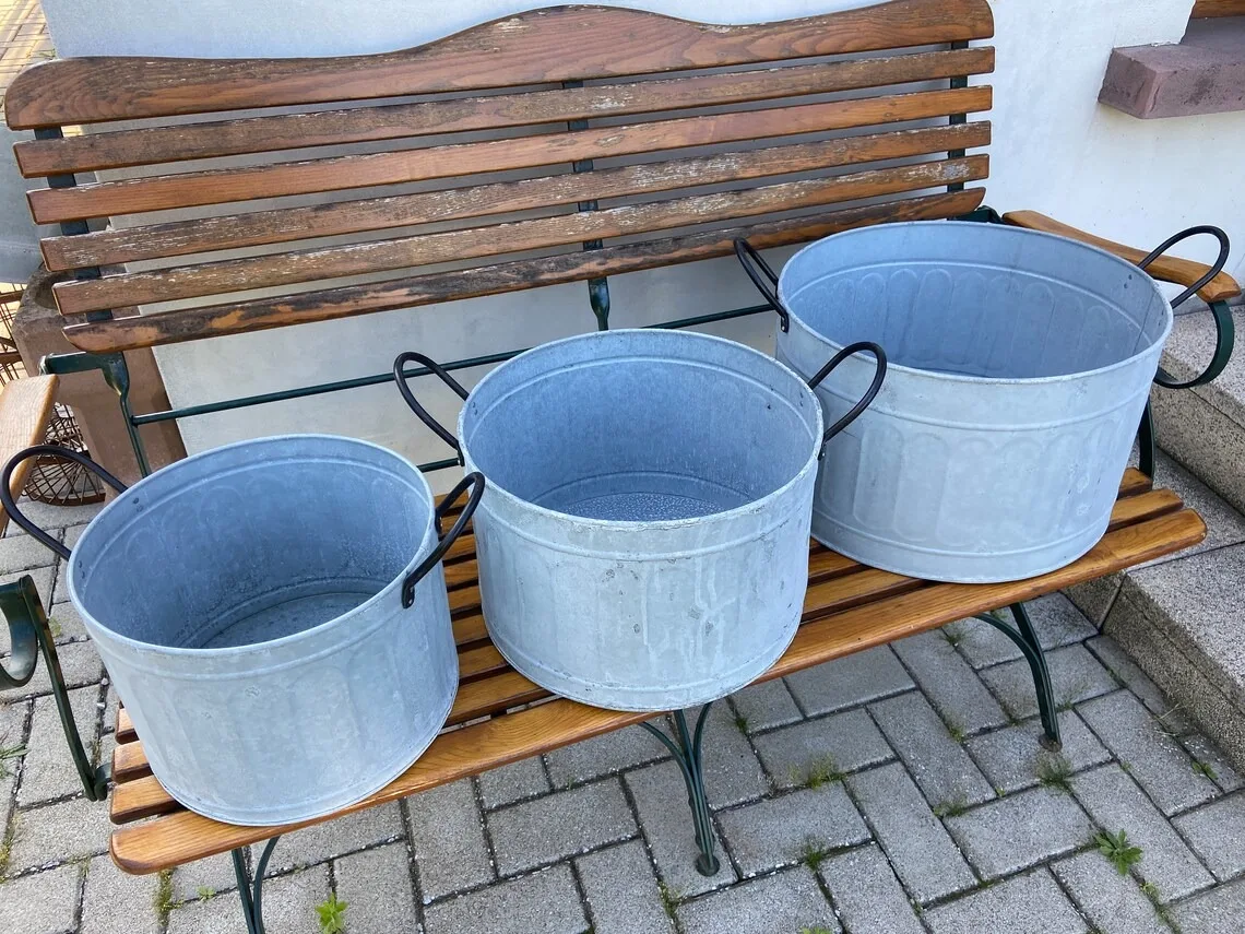 Metal Zinc Round Basin Tub Bucket with Handle bassine Galvanized Ronde Set of 3