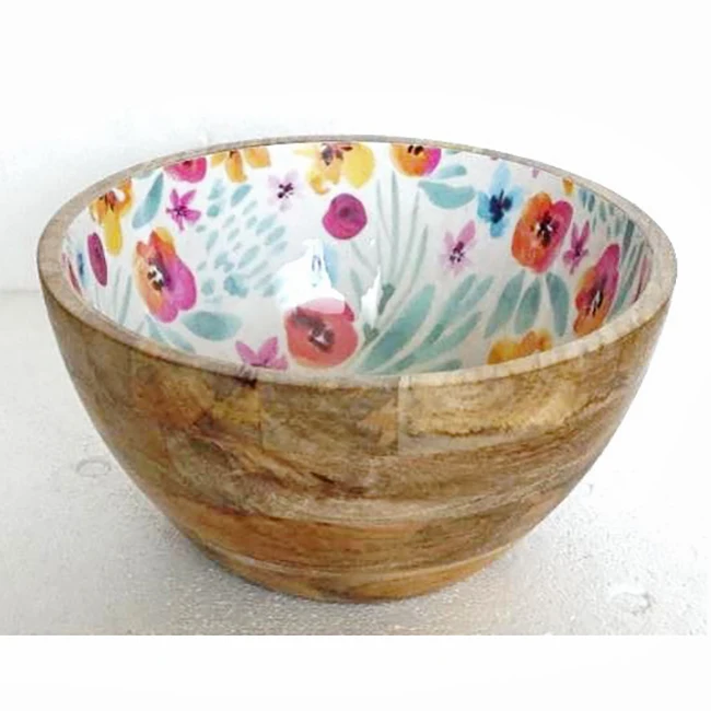 Nature Wood White Enamel Wooden Bowl for Soup And Rice Floral Design Enamel Material Bowl High Quality From India