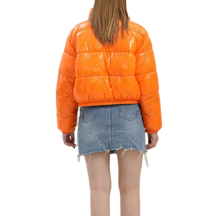 Wholesale Orange Womens Bomber Jacket Shiny Winter Short Bubble Jacket Custom Puffer Jacket for Women 2022