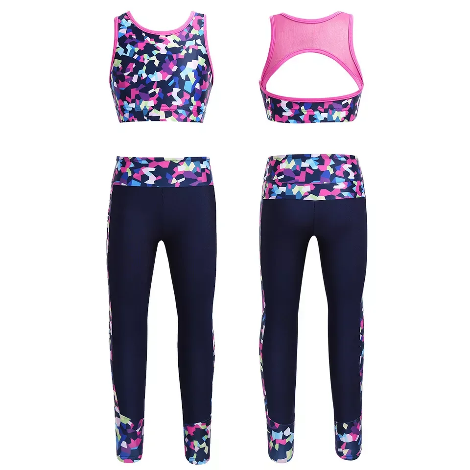 OEM with custom logo Kids Girls Tracksuits Bra Crop Tops with Print Leggings Pants Sets Gymnastics