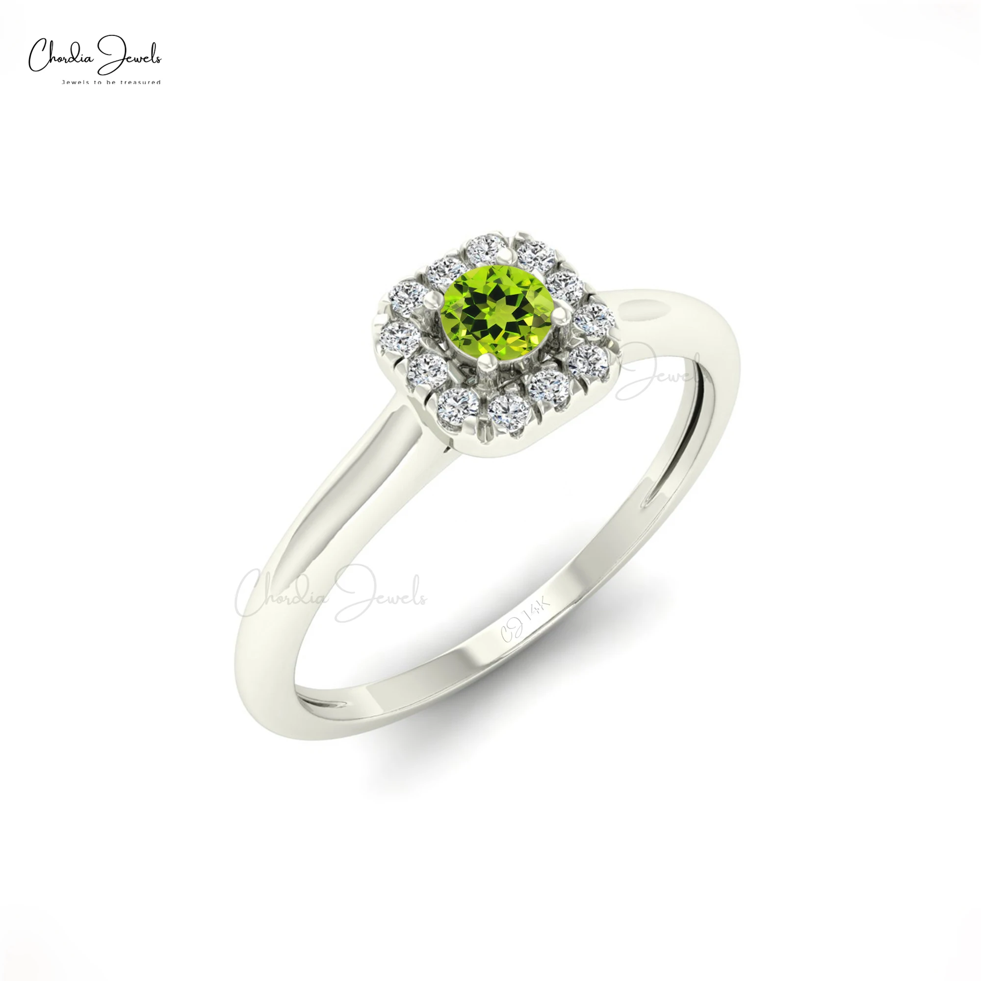 Hot Selling 14k Solid Gold Halo Ring Green Peridot 3mm August Birthstone Ring Small Diamond Prong Set Ring Free Delivery Items