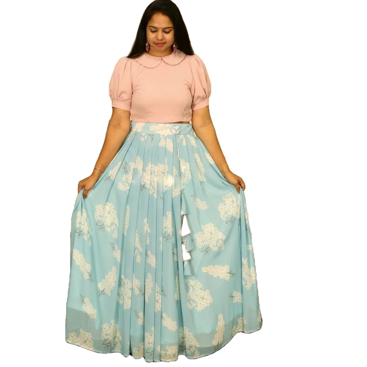 Blue-Pink CropTop Skirt, Faux Georgette Lehenga with Rich-Print and stitch with Wire-Picco-Work