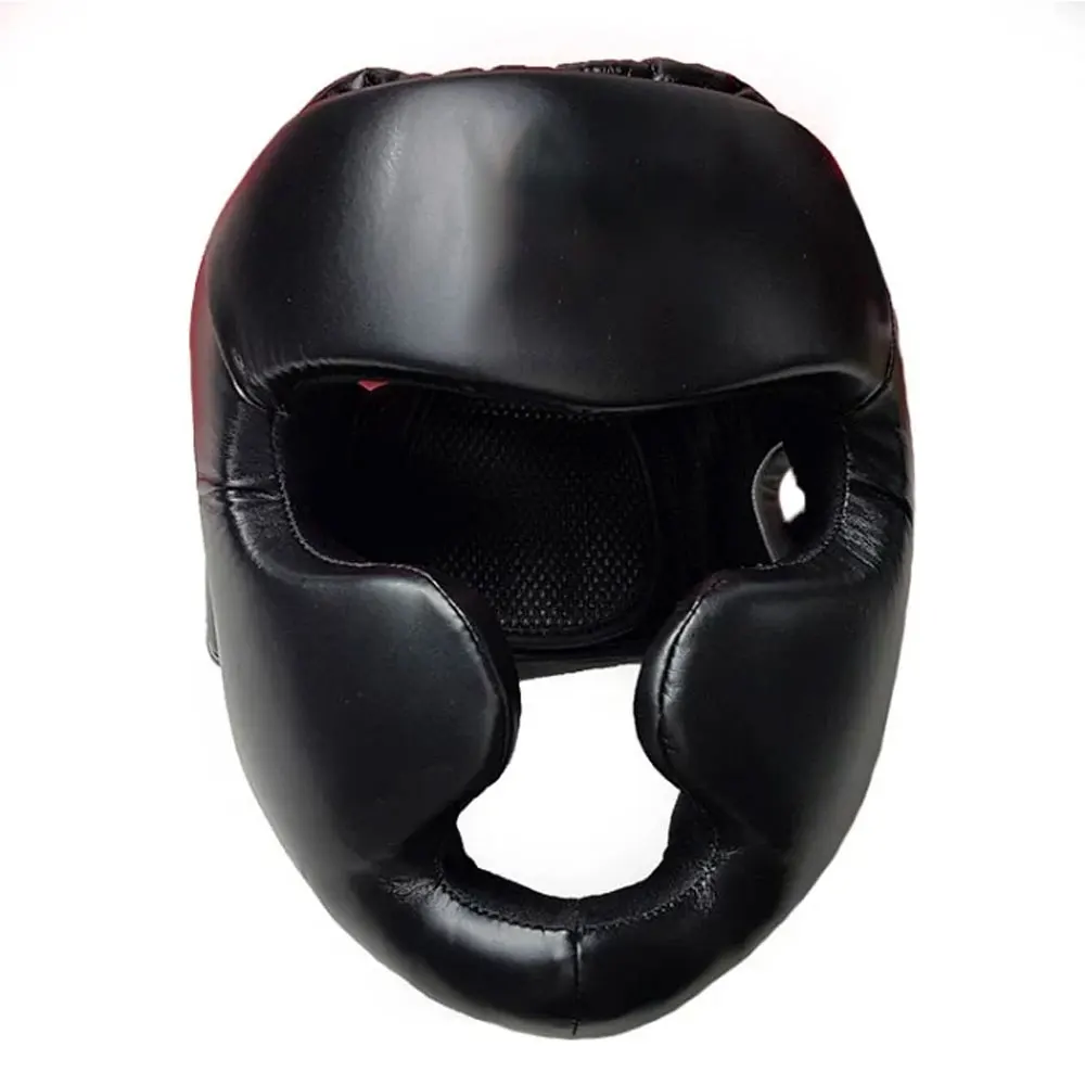 Hot selling adjustable professional Boxing training helmet black boxing head guard headgear leather boxing helmet
