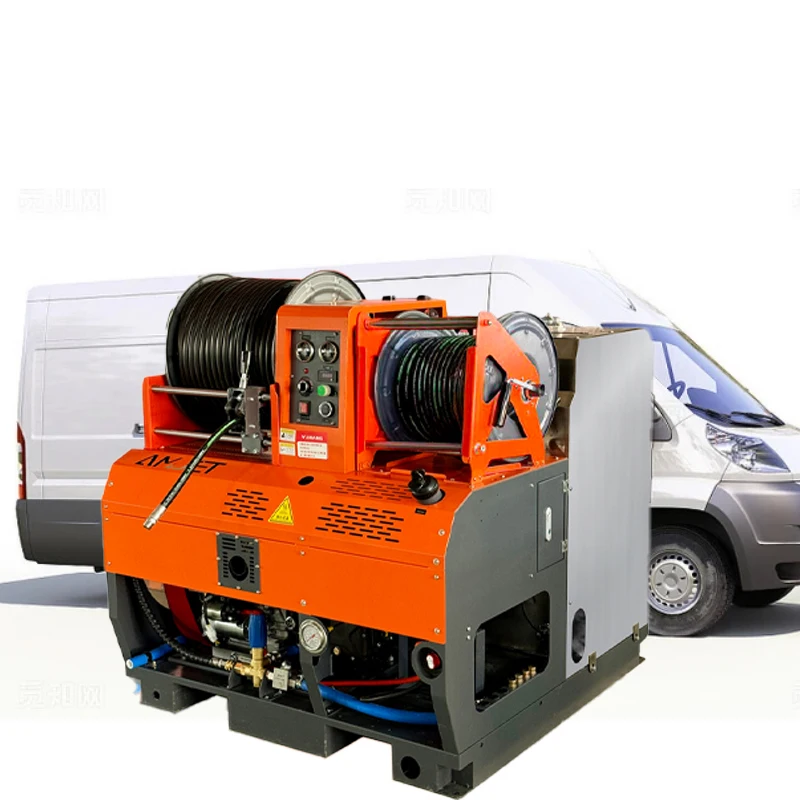 AMJET new vehicle-mounted sewer jet machine comes with two hoses, one 50m 2/1, one 50m 8/3 and a 500 liter water tank