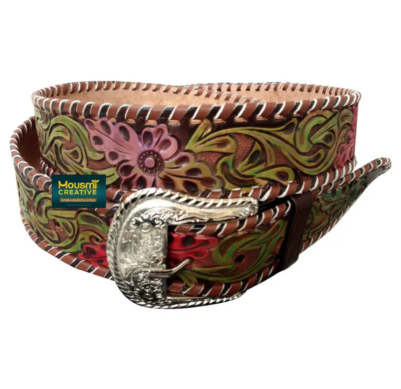 Custom Colour Leather Lace Braided Western Belt Genuine Cowhide Tooling Unisex Cowboy Leather Belt Antique Copper Plated Buckles