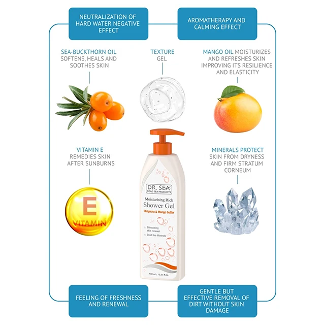 Best Moisturizing Rich Shower Gel - Oblipicha (Sea Buckthorn) & Mango by Dr.Sea - Fast Delivery - Free Samples - Made in Israel