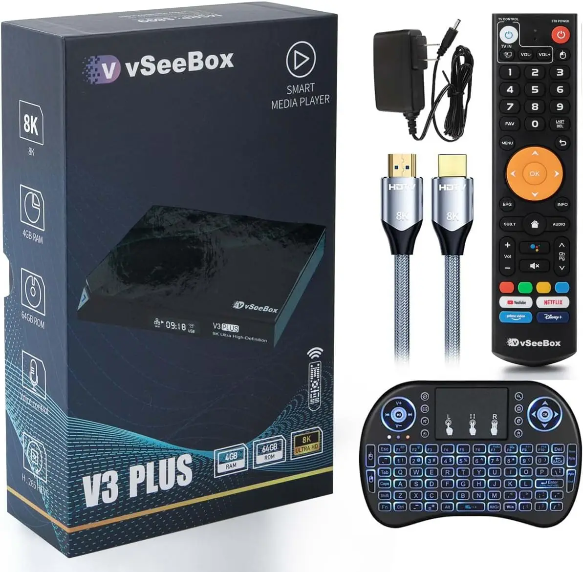 New Original vSeeBox V3 Plus 2024 Newest Media Box Includes Large Size Voice Remote, Backlit Mini Keyboard and 8K HDMI Cable