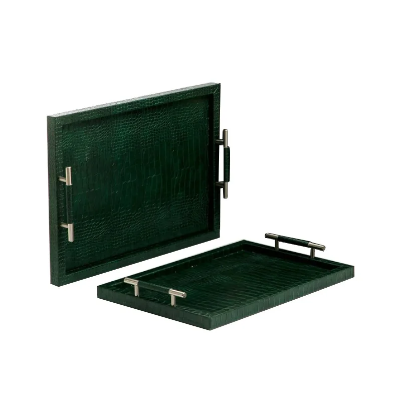 New Arrival Looking Serving Tray Antique Finishing Unique Style Set Of Two Lather Serving Tray with Metal Handle
