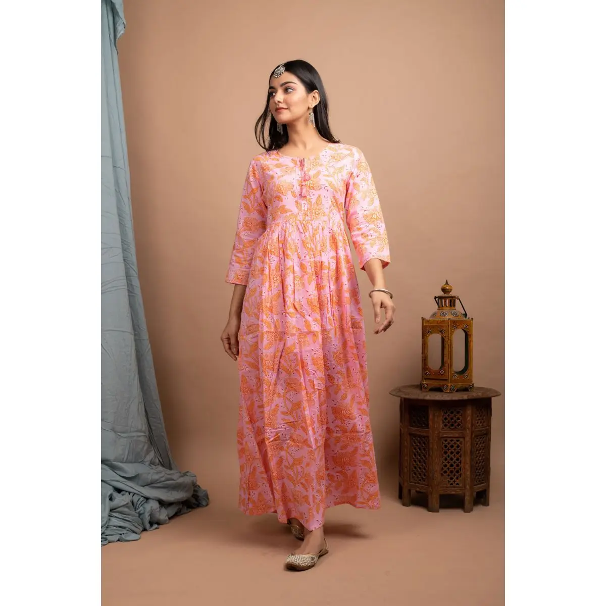 Индийское высококачественное дизайнерское длинное платье Kurti kurta из хлопка розового цвета с принтом для женщин