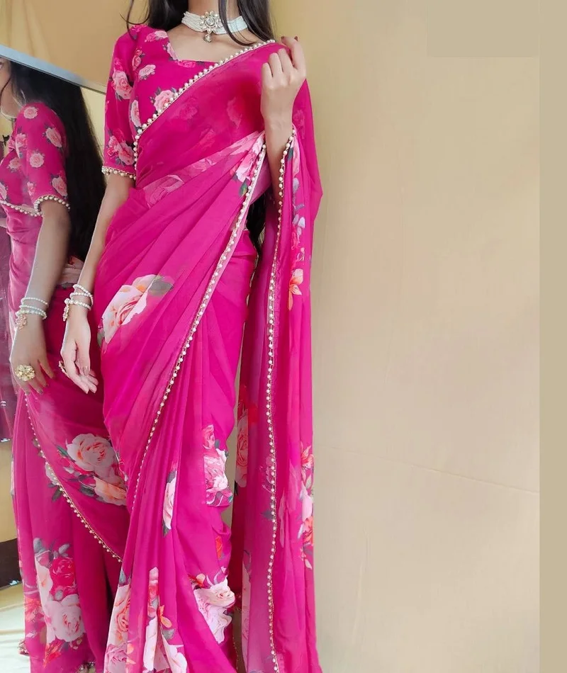 Indian Ethnic Wear Georgette with Rich Digital Fine Print Work Saree with Georgette Digital Print Blouse Pieces and Low Price