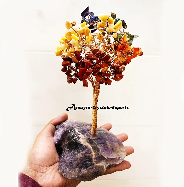 Handmade Gemstone Chakra Stone Trees With Rose Quartz Base Natural Agate trees for Gifts Buy From Amayra crystals Exports India