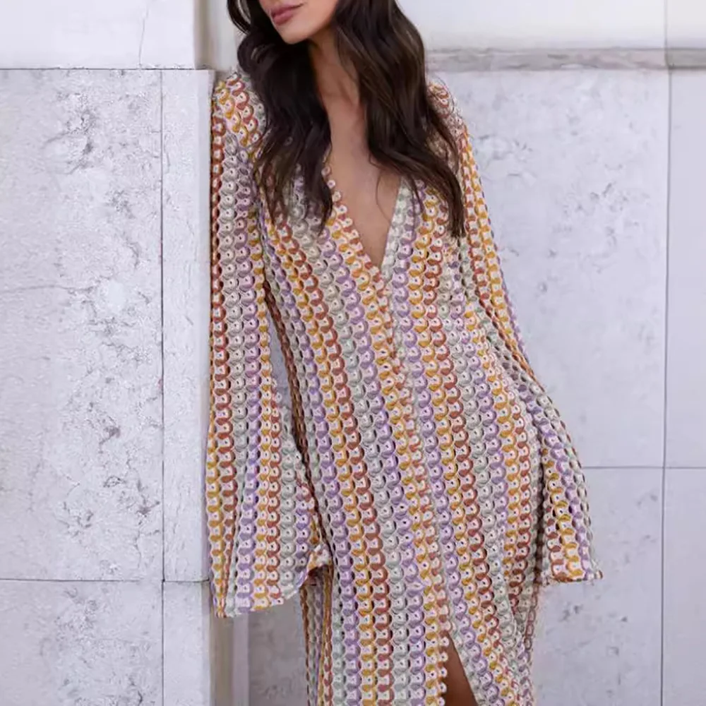 Fashion Openwork Deep V-neck Casual Dress High Slit High Maxi Show Long Woman Korean Prom Nova Lace Thai Lady Kitenge Colorful