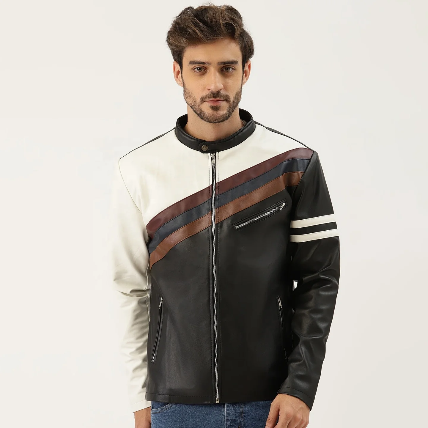 New 2024 Wholesale Latest Design Men Slim Fit Jacket Black and White Design Leather Warm Male Jacket
