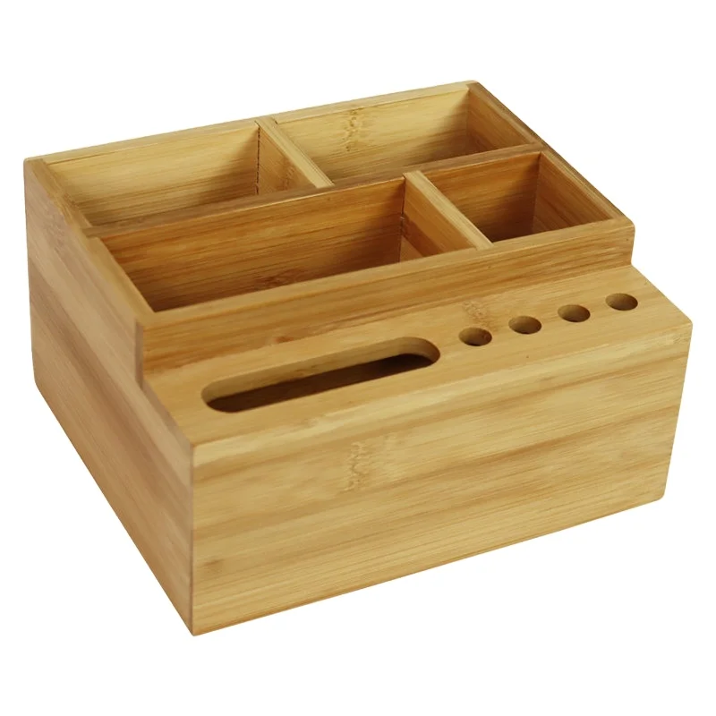 Bamboo Pen Holder Desk Organizer Pencil Holder Storage with 4 Compartments & 5 Holes for Calculator Mobile Phone Pen Remote